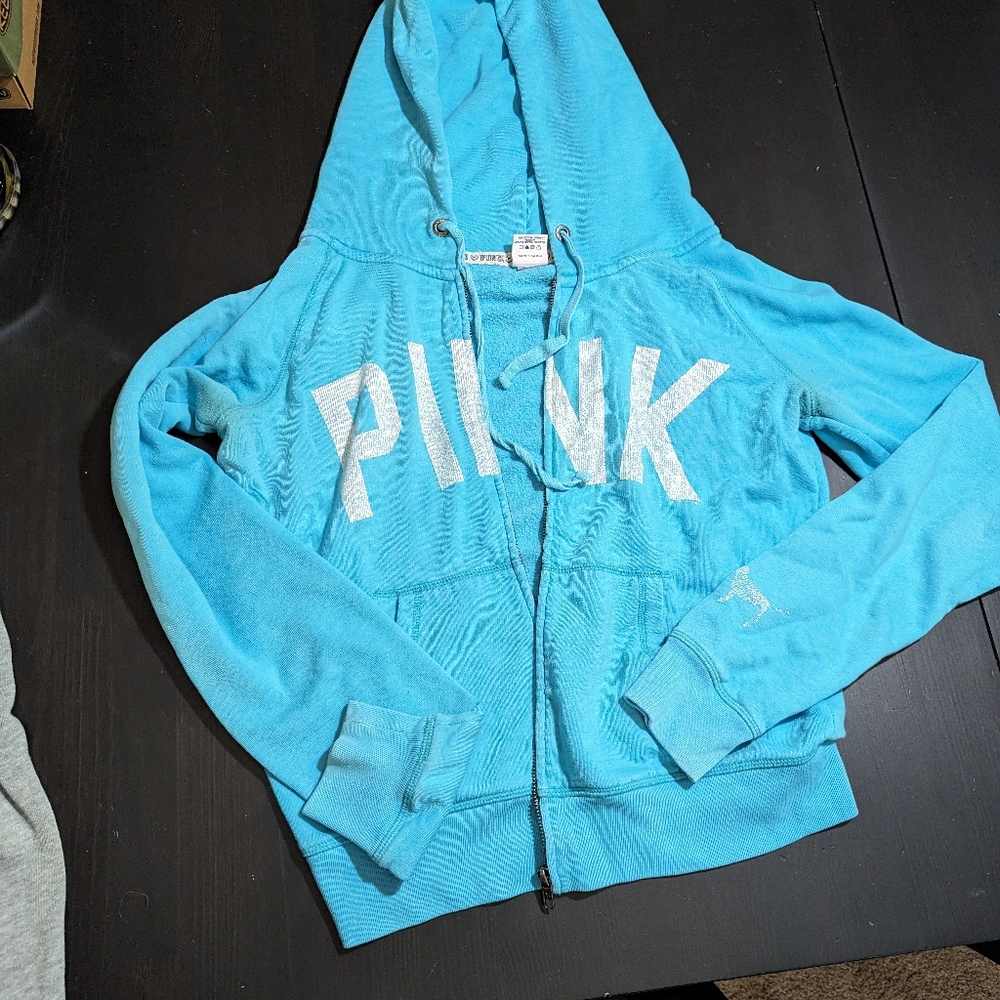Victoria's Secret VS PINK aqua blue zip up hoodie L